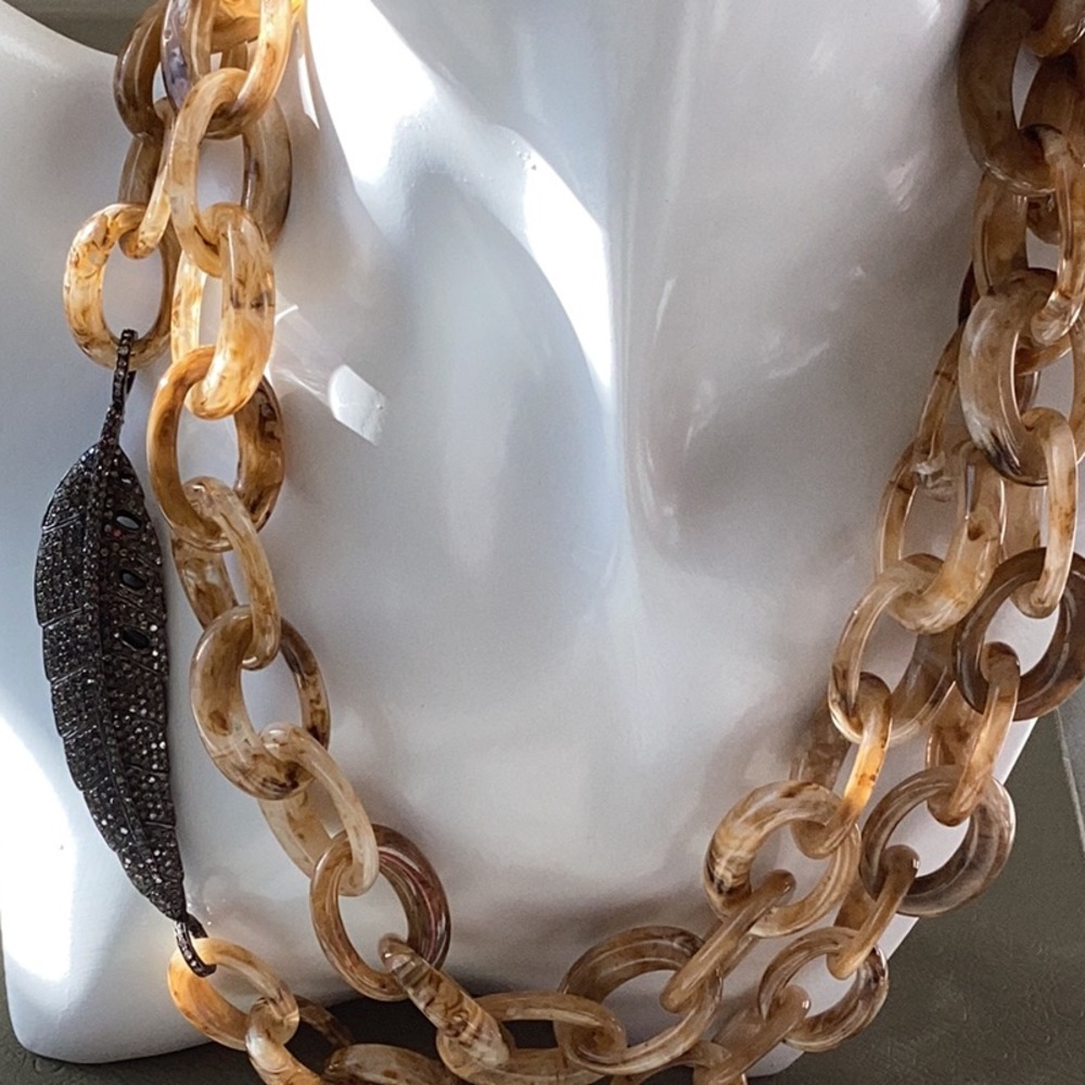 Designer resin link necklace with a stunning pave diamond 3D feather accent